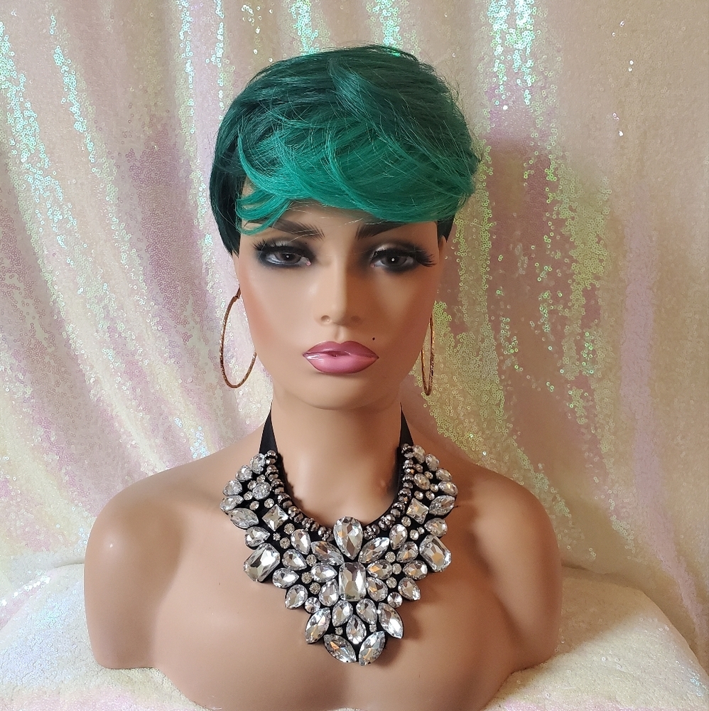 Human hair blwnd 2 color green pixie wig